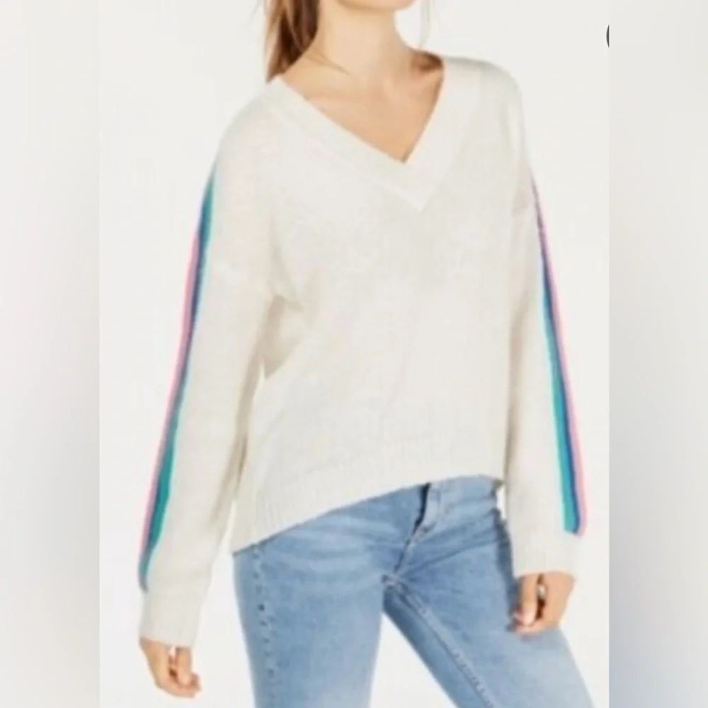 Ultra Flirt White V-Neck Sweater with Colorful Sleeve Stripes